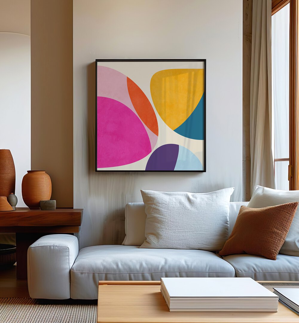 Pattern III Mid Bunt III By Ana Rut Bre Abstract Art Abstract Paintings in Black Plain Frame placed on a Cream Colored Wall near a White  Sofa in the Living Room