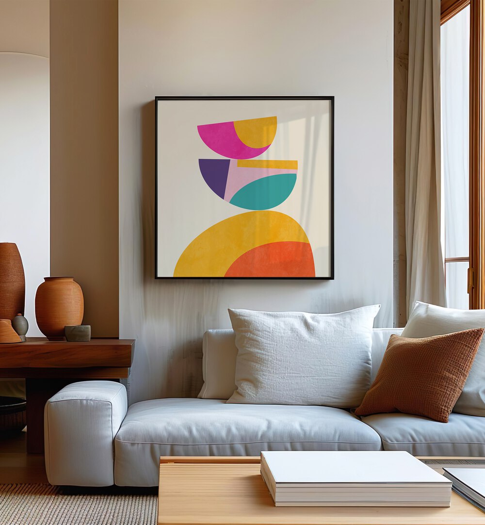 Pattern III Mid Bunt IV By Ana Rut Bre Abstract Art Abstract Paintings in Black Plain Frame placed on a Cream Colored Wall near a White Sofa in the Living Room