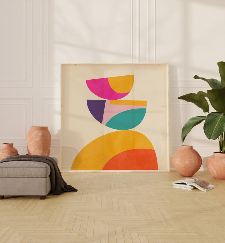 Pattern III Mid Bunt IV By Ana Rut Bre Abstract Art Abstract Paintings in Oak Wood Plain Frame placed on the floor near a Cream Colored Wall in the Drawing Room