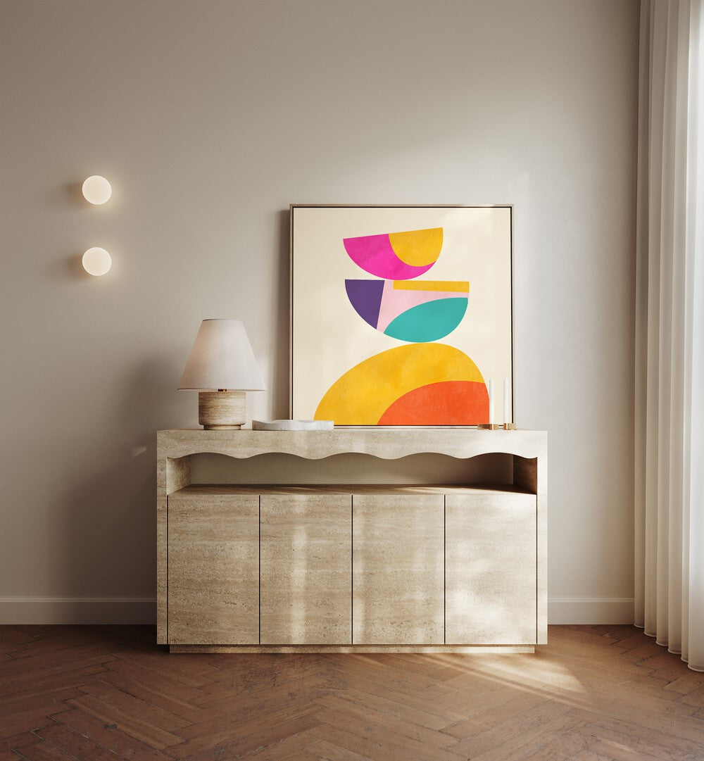 Pattern III Mid Bunt IV By Ana Rut Bre Abstract Art Abstract Paintings in Oak Wood Floater Frame placed on a Console Table near a Beige Colored Wall in the Drawing Room