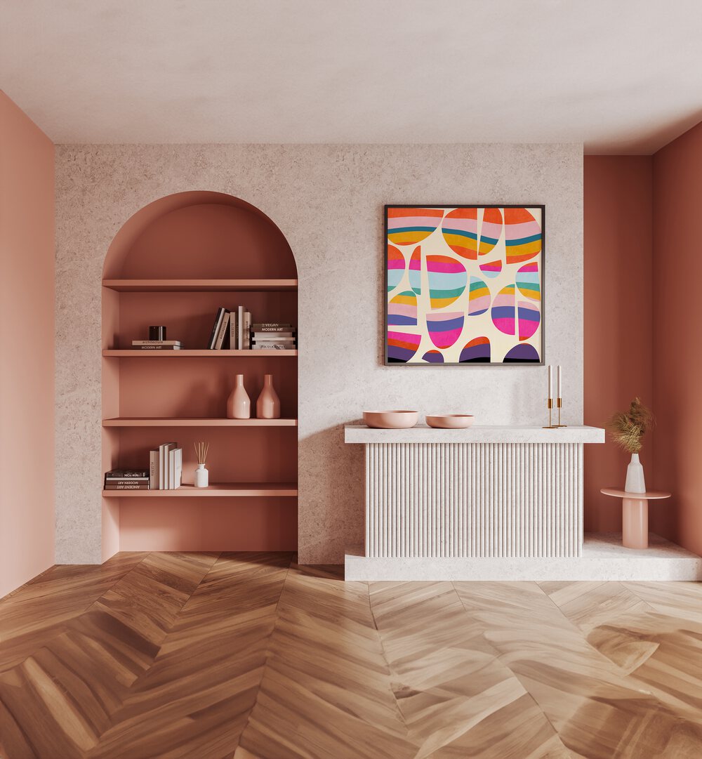 Pattern III Mid Bunt V By Ana Rut Bre Abstract Art Abstract Paintings in Black Plain Frame placed on a Pink Colored Wall above a Console Table in the Drawing Room