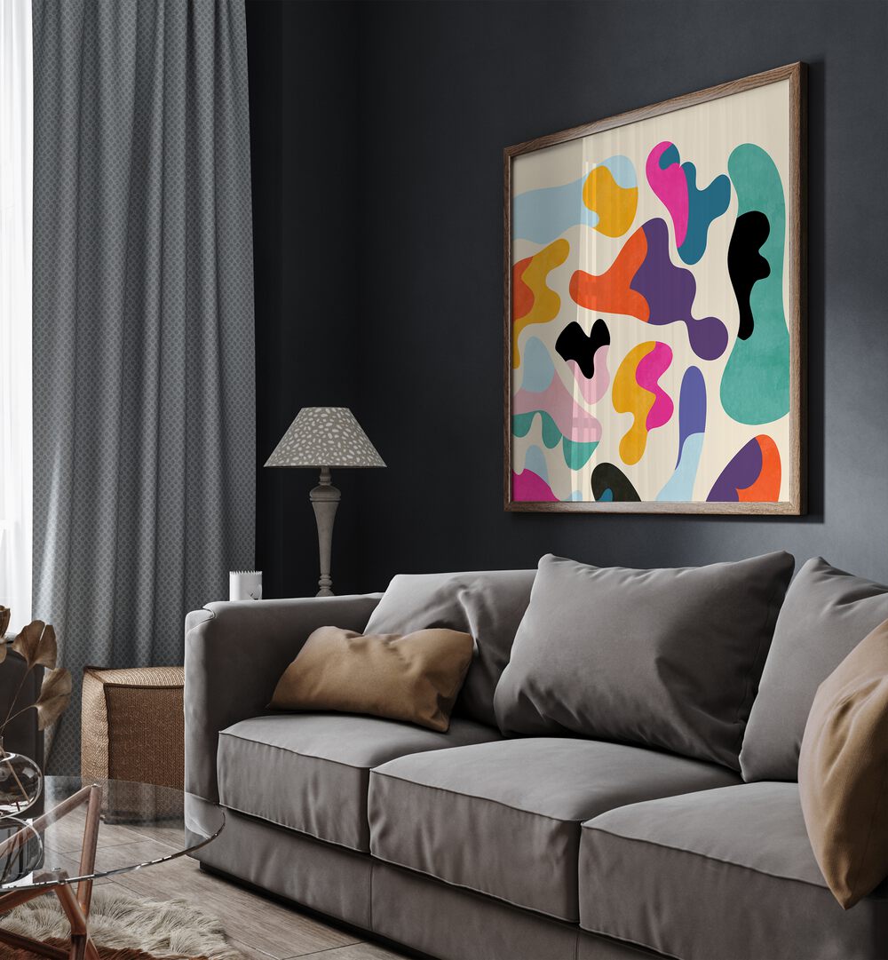 Pattern III Mid Bunt XI By Ana Rut Bre Abstract Art Abstract Paintings in Oak Wood Plain Frame placed on a Dark Grey Colored Wall near a Dark Grey Sofa in the Living Room