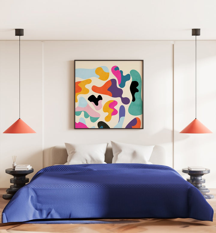 Pattern III Mid Bunt XI By Ana Rut Bre Abstract Art Abstract Paintings in Black Plain Frame placed on a Cream Colored Wall Behind a Bed in the Bedroom