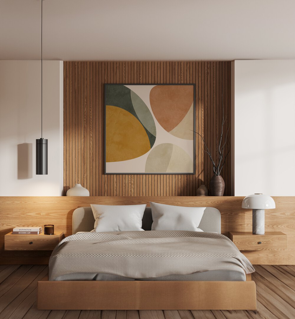 Pattern III Mid Earth II By Ana Rut Bre Abstract Art Abstract Paintings in Black Plain Frame Placed on a Wooden Textured wall behind a bed in the bedroom