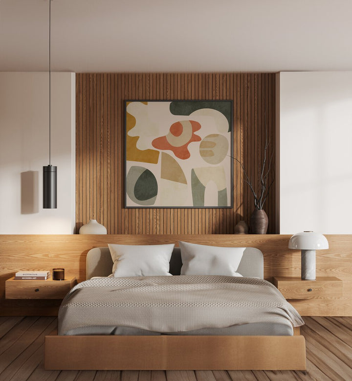 Pattern III Mid Earth III By Ana Rut Bre Abstract Art Abstract Paintings in Black Plain Frame Placed on a Wooden textured wall behind a Bed in the bedroom