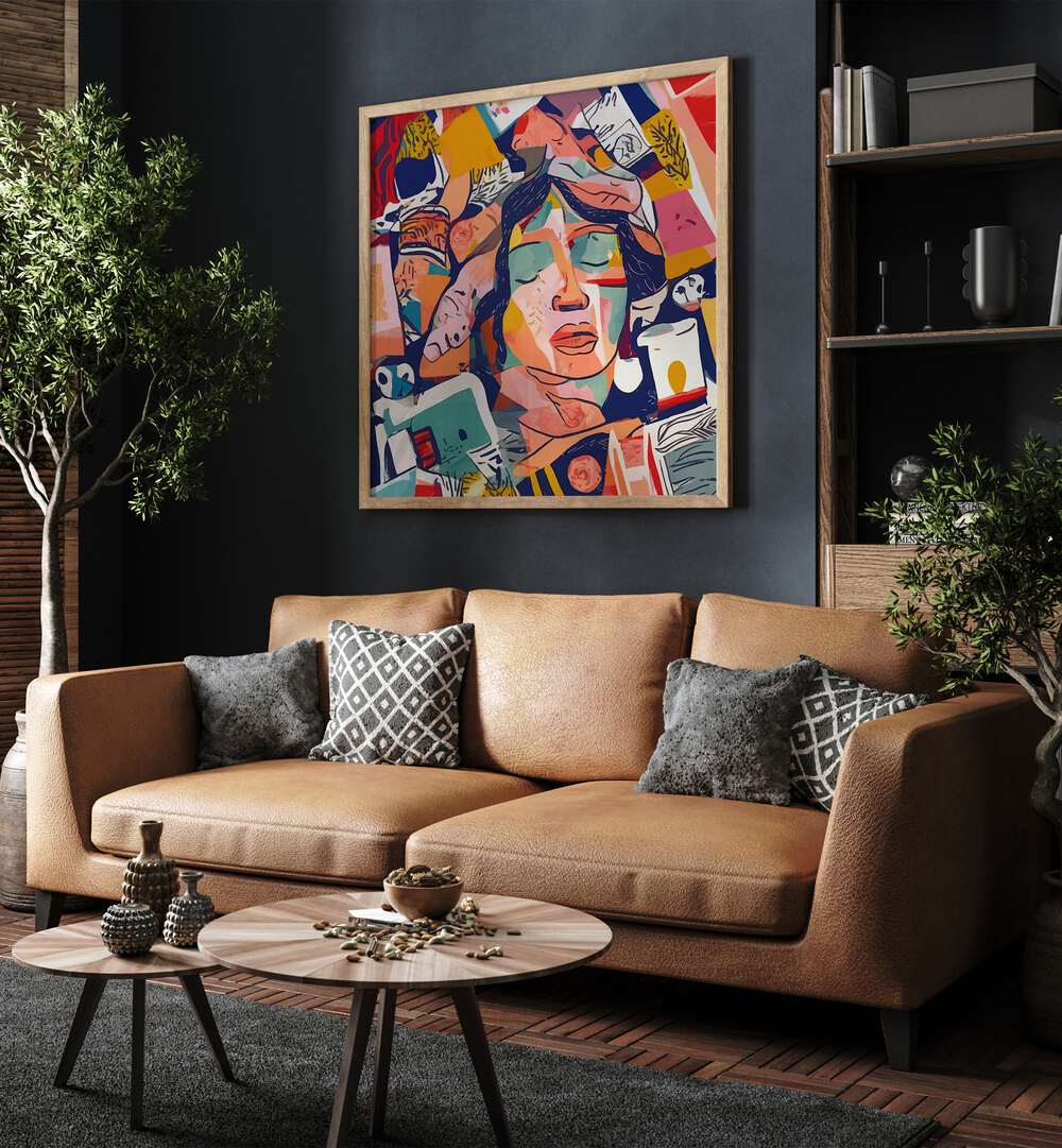 Peace In Chaos By Uma Gokhale Woman Illustration Paintings in White Plain Frame on a wall behind a sofa for living room