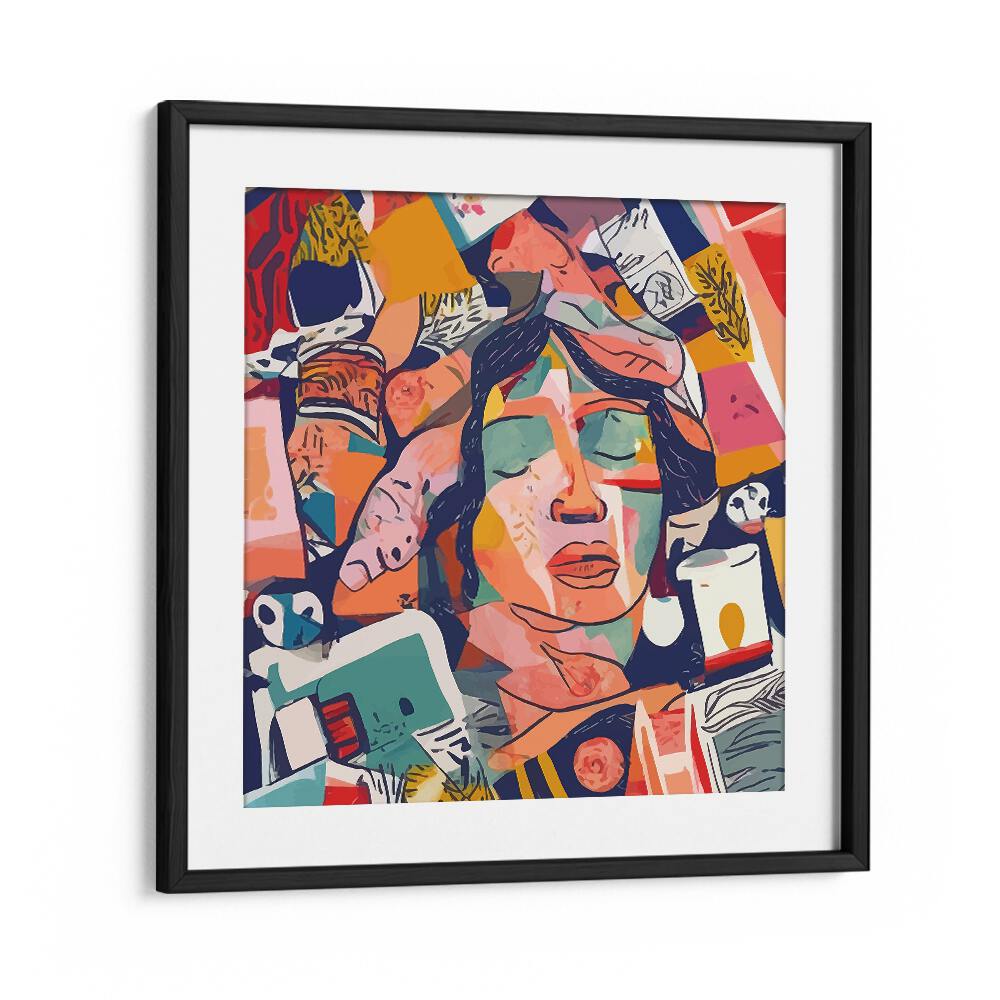 Peace In Chaos By Uma Gokhale Woman Illustration Paintings in Black Frame With Mount