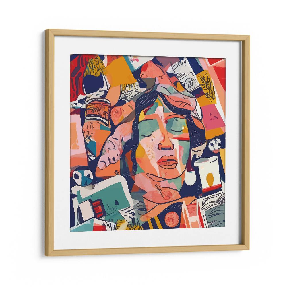 Peace In Chaos By Uma Gokhale Woman Illustration Paintings in Oak Wood Frame With Mount