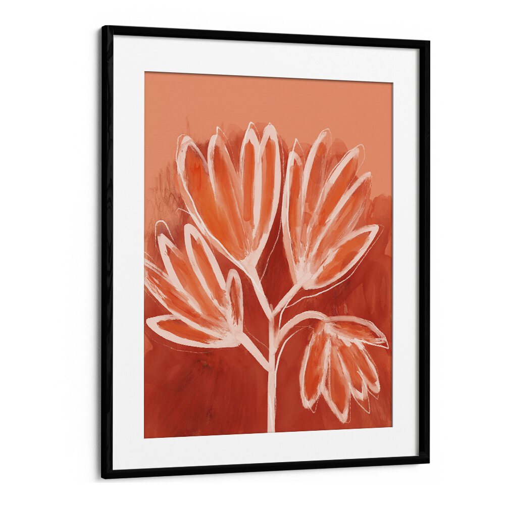 Peachy Flowers By Treechild Botanical Art Prints in Black Frame With Mount