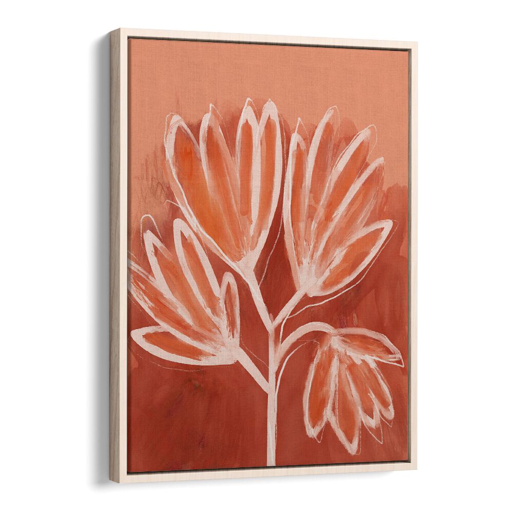 Peachy Flowers By Treechild Botanical Art Prints in Oak Wood Floater Frame