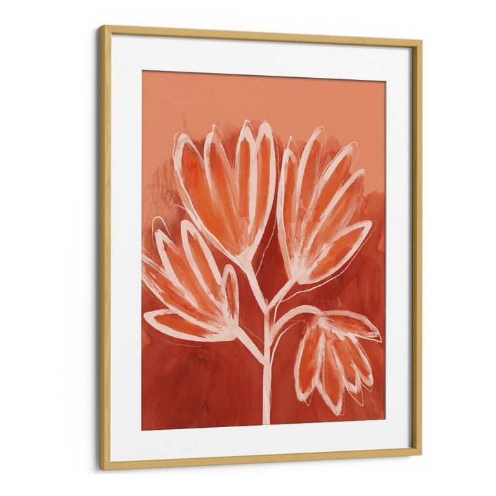 Peachy Flowers By Treechild Botanical Art Prints in Oak Wood Frame With Mount