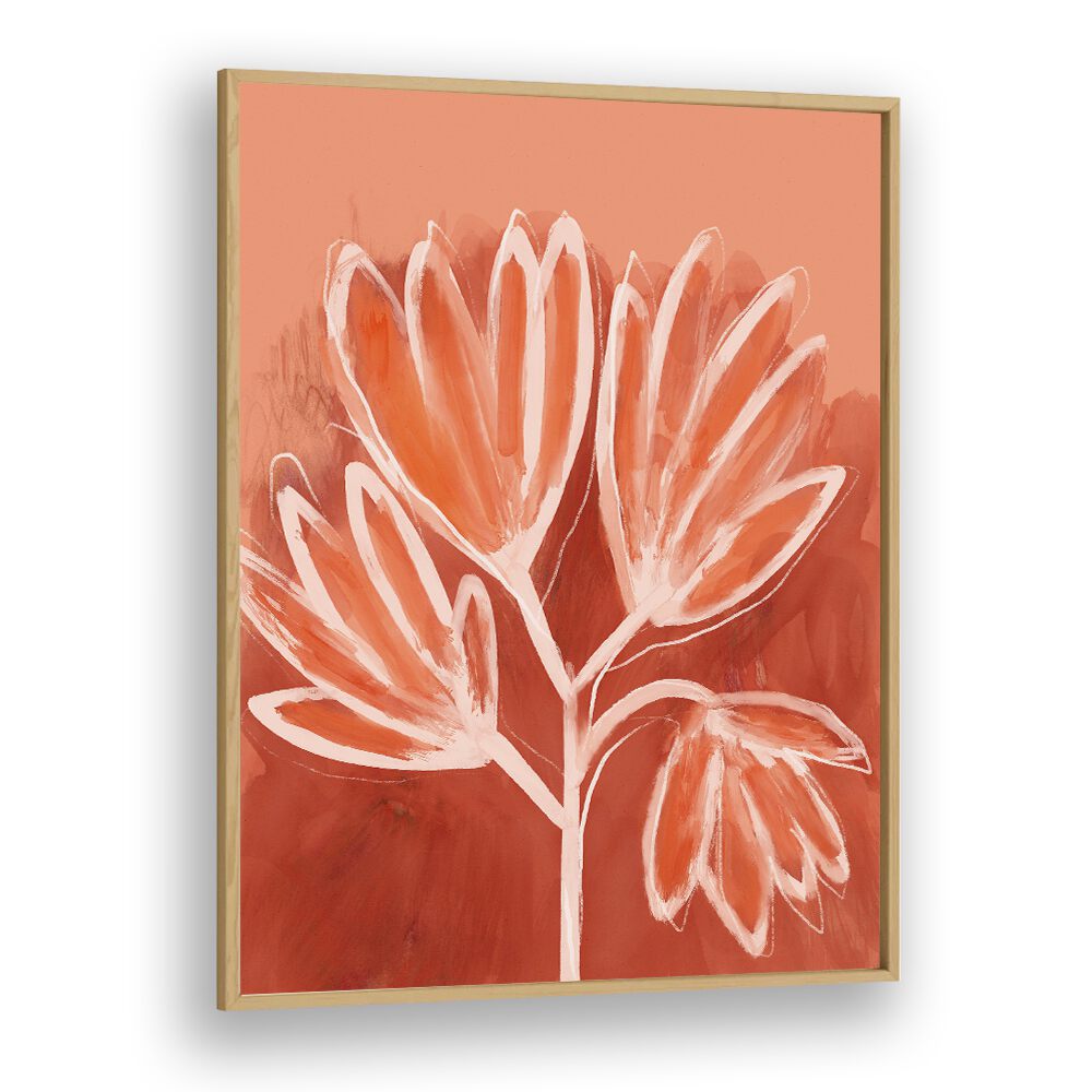 Peachy Flowers By Treechild Botanical Art Prints in Oak Wood Plain Frame