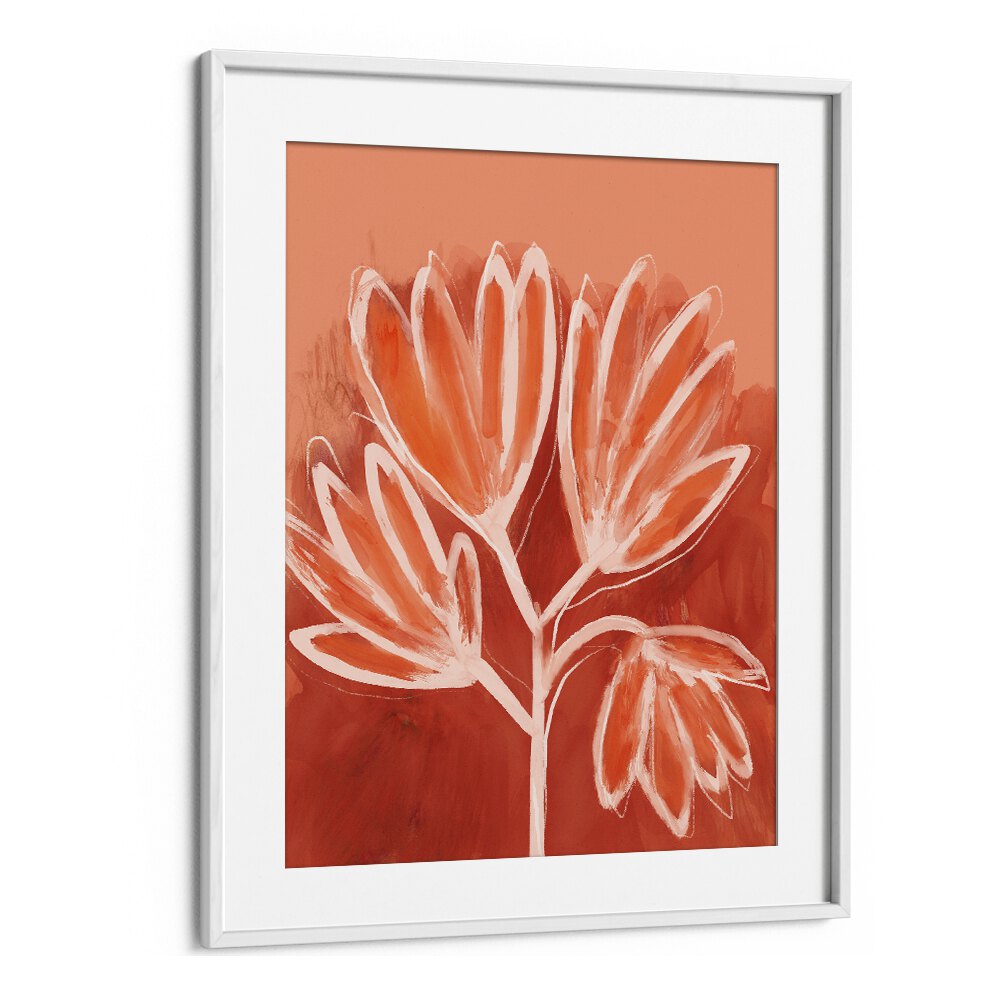 Peachy Flowers By Treechild Botanical Art Prints in White Frame With Mount