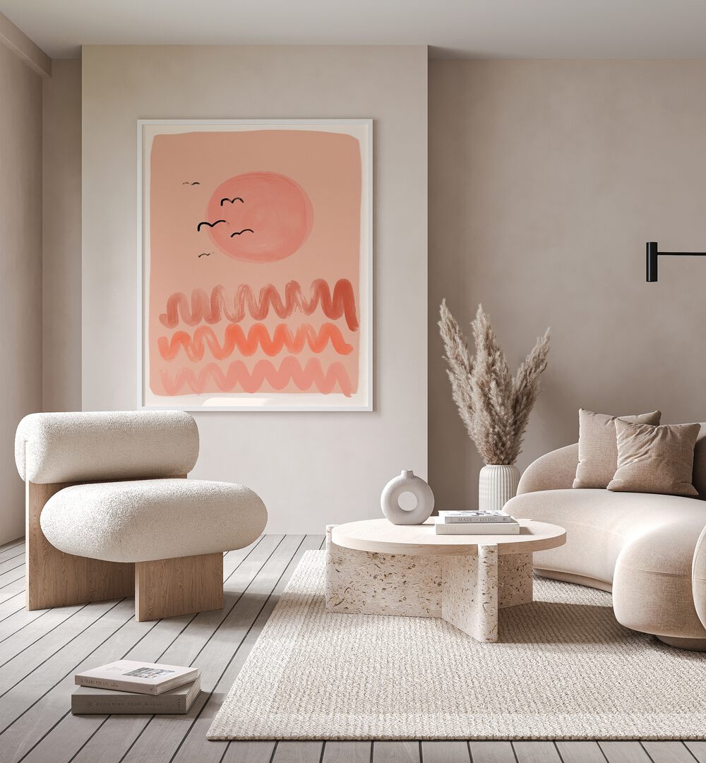 Peachy Sunset By Treechild Landscape Art Prints in White Plain Frame placed on a Beige Colored Wall in the Drawing Room