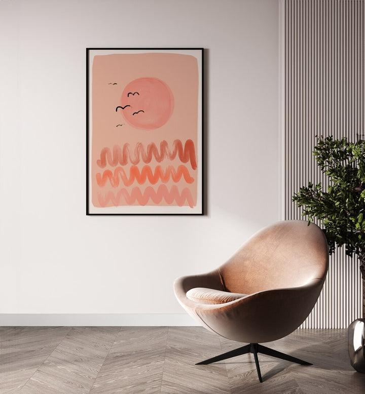 Peachy Sunset By Treechild Landscape Art Prints in Black Plain Frame placed on a Cream Colored Wall in the Drawing Room