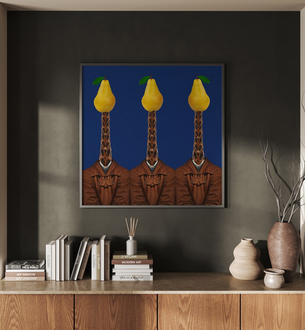 Pears Giraffes Jackets Surreal Art Prints Surrealism in Black Plain Frame placed on a Dark Grey Colored Wall above a Console Table in the Living Room