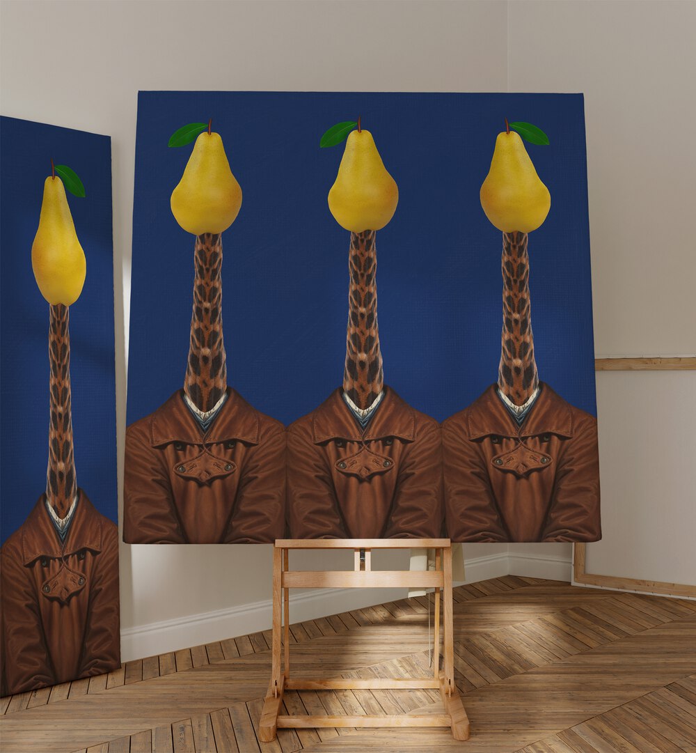 Pears Giraffes Jackets Surreal Art Prints Surrealism in Gallery Wrap placed on a Canvas Stand in the Drawing Room