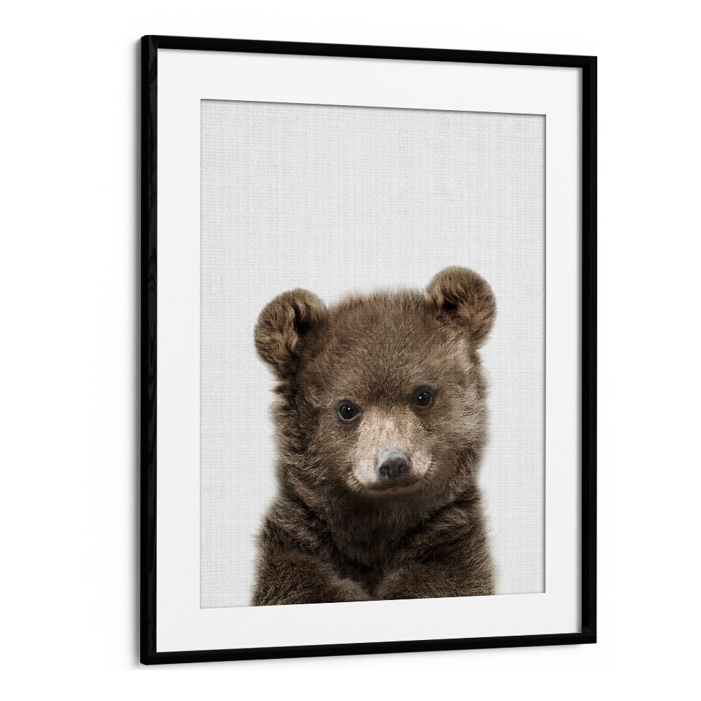 Peekaboo Baby Bear By Lola Peacock Kids Room Paintings in Black Frame With Mount