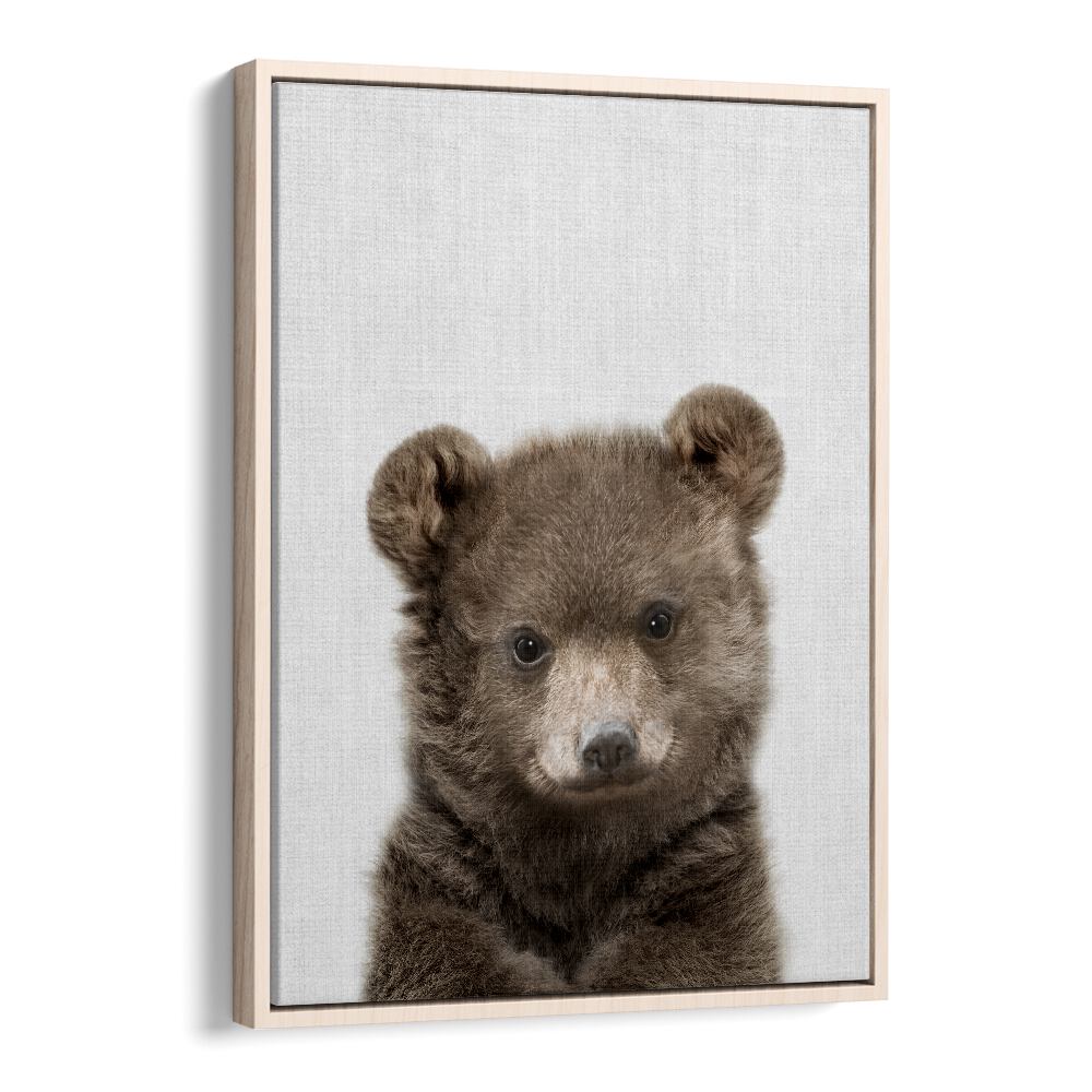 Peekaboo Baby Bear By Lola Peacock Kids Room Paintings in Oak Wood Floater Frame