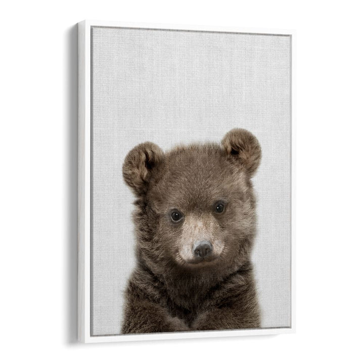 Peekaboo Baby Bear By Lola Peacock Kids Room Paintings in White Floater Frame