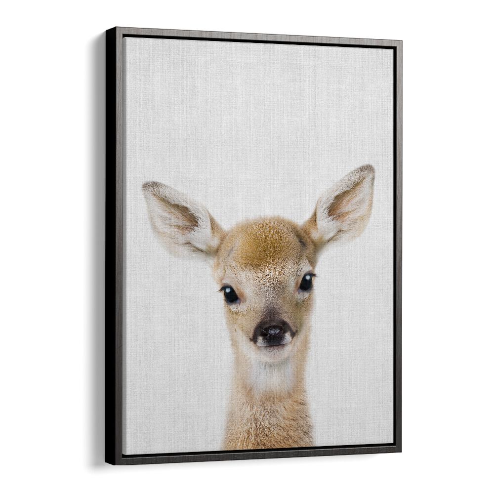 Peekaboo Baby Deer By Lola Peacock Kids Room Paintings in Black Floater Frame