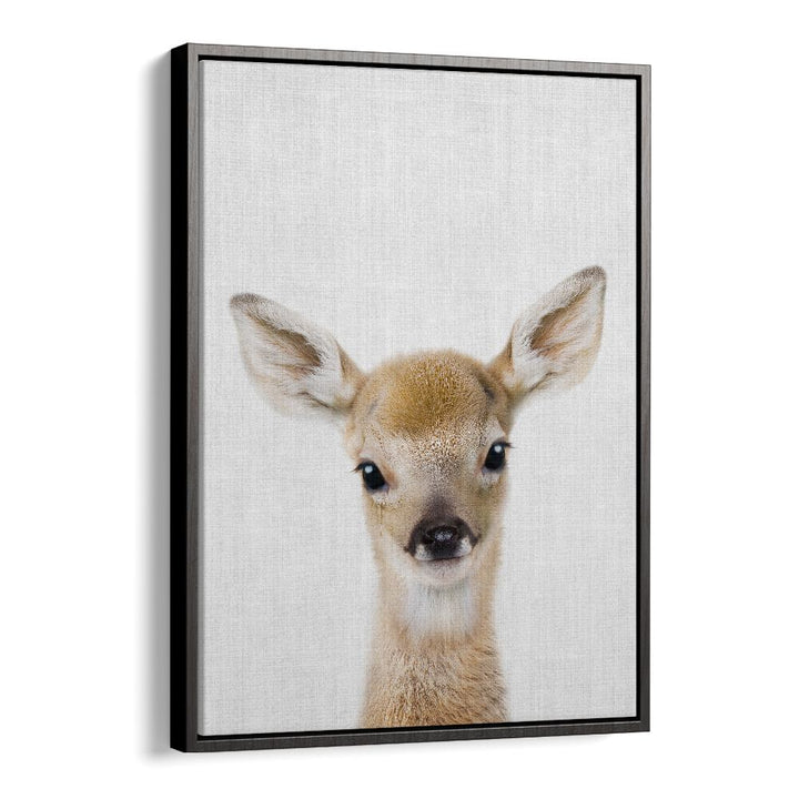 Peekaboo Baby Deer By Lola Peacock Kids Room Paintings in Black Floater Frame