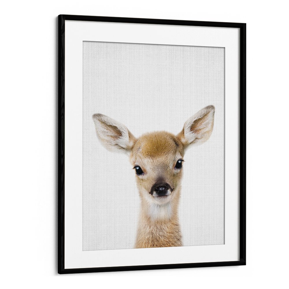 Peekaboo Baby Deer By Lola Peacock Kids Room Paintings in Black Frame With Mount