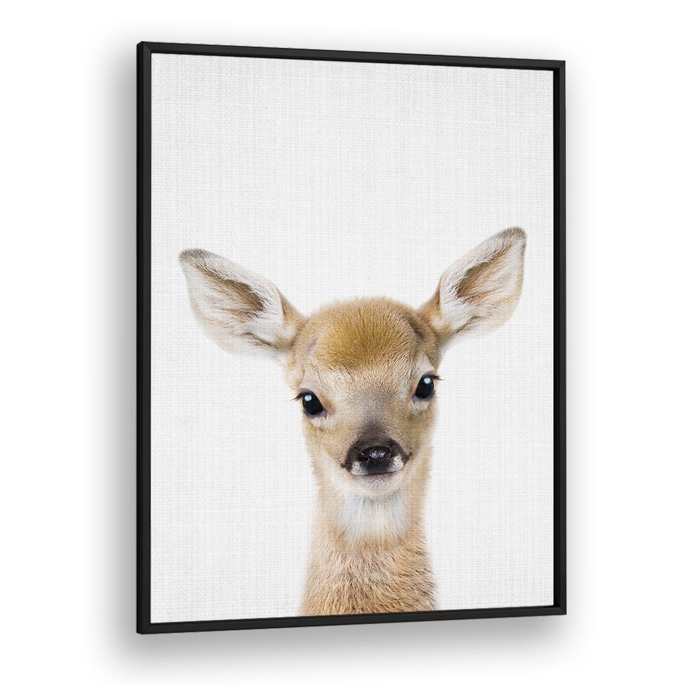 Peekaboo Baby Deer By Lola Peacock Kids Room Paintings in Black Plain Frame