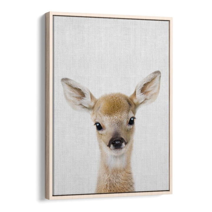 Peekaboo Baby Deer By Lola Peacock Kids Room Paintings in Oak Wood Floater Frame