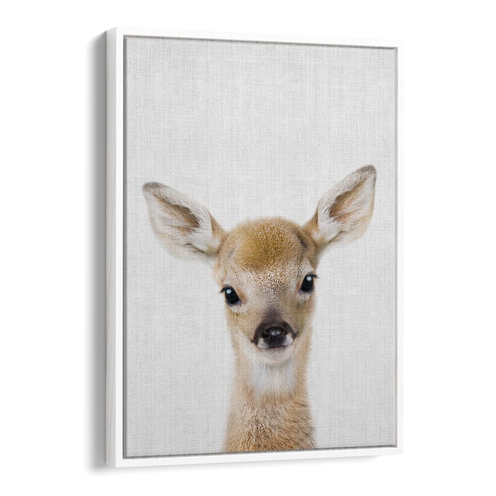 Peekaboo Baby Deer By Lola Peacock Kids Room Paintings in White Floater Frame