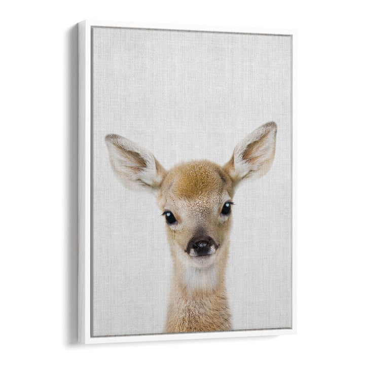 Peekaboo Baby Deer By Lola Peacock Kids Room Paintings in White Floater Frame