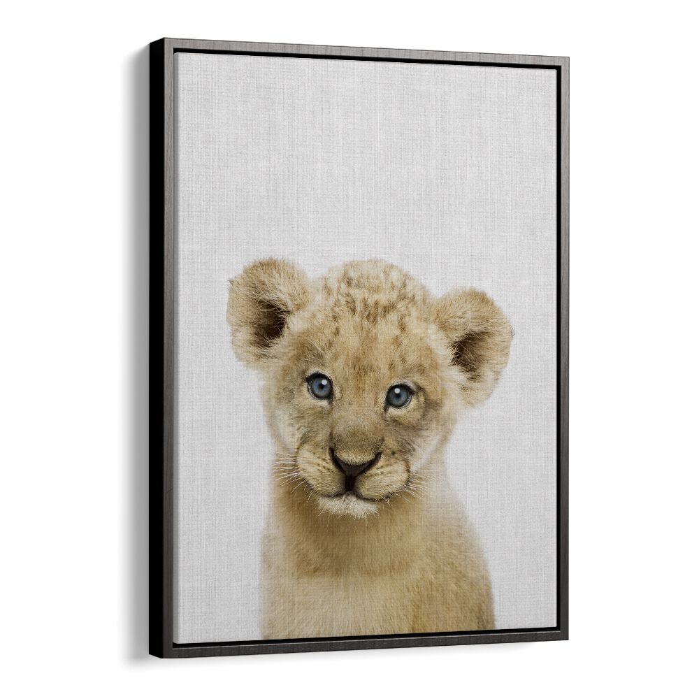 Peekaboo Baby Lion By Lola Peacock Kids Room Paintings in Black Floater Frame