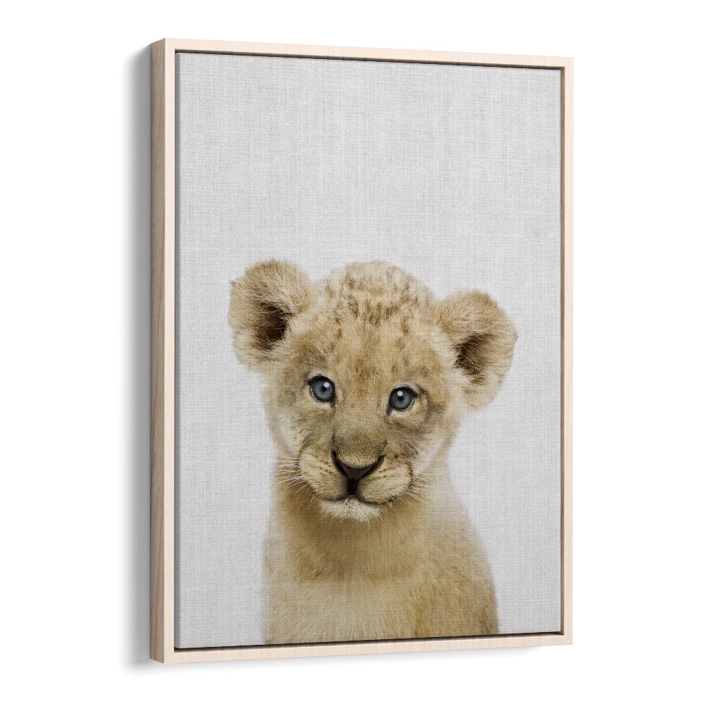 Peekaboo Baby Lion By Lola Peacock Kids Room Paintings in Oak Wood Floater Frame