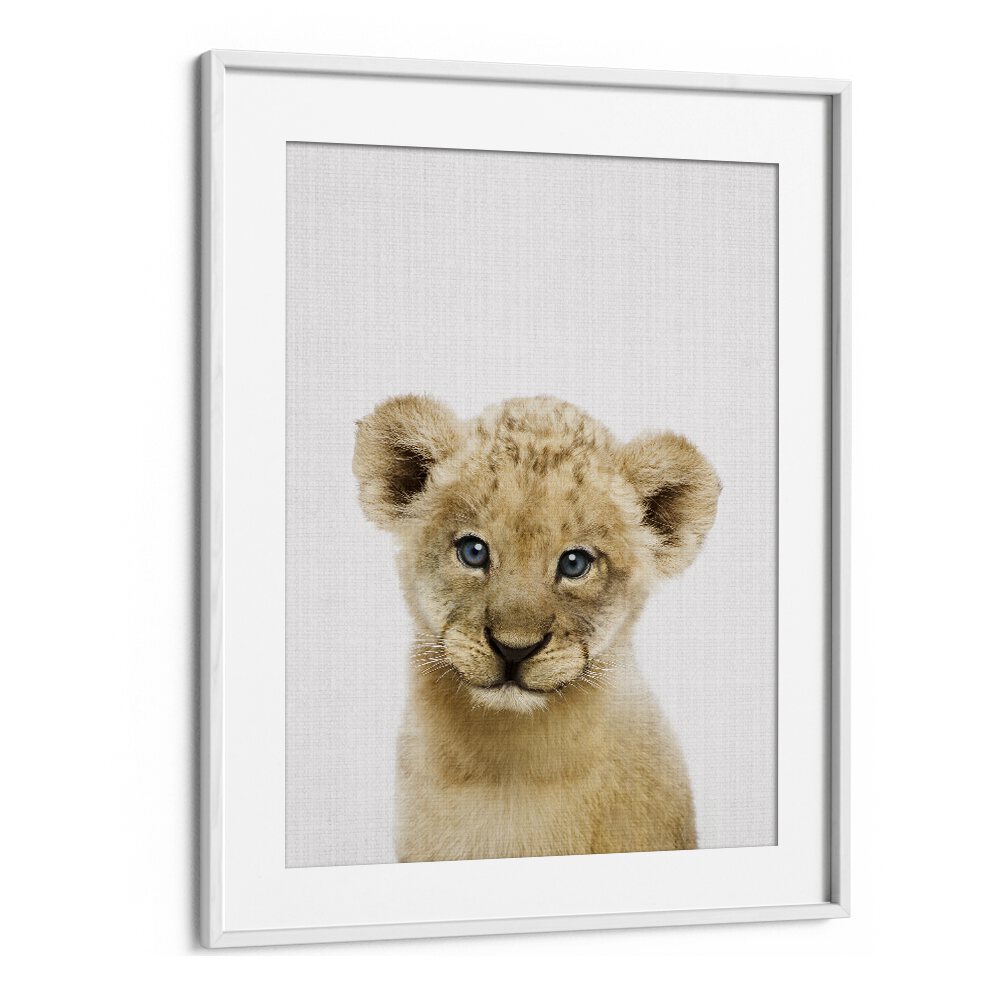 Peekaboo Baby Lion By Lola Peacock Kids Room Paintings in White Frame With Mount