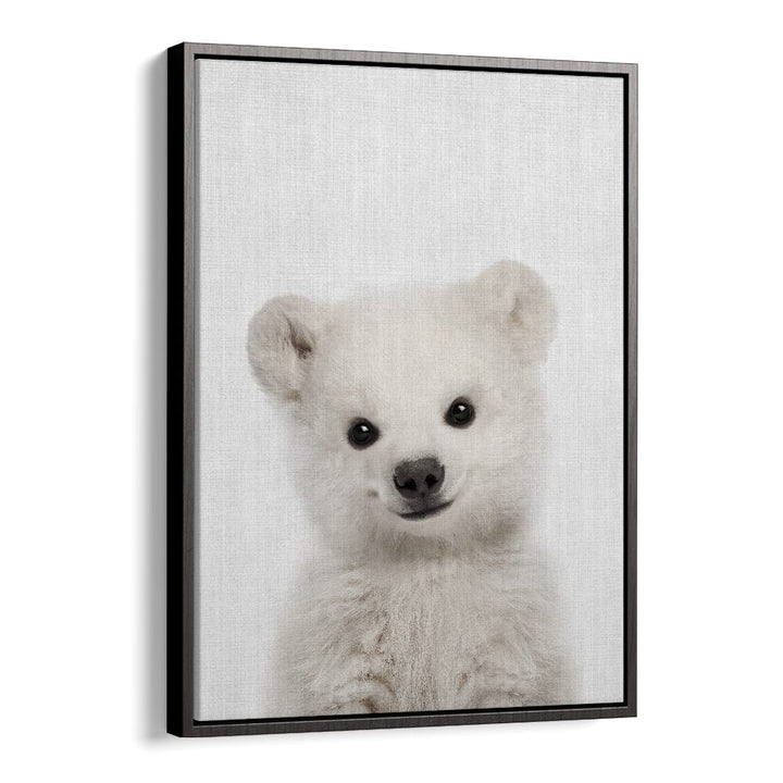 Peekaboo Baby Polar Bear By Lola Peacock Kids Room Paintings in Black Floater Frame