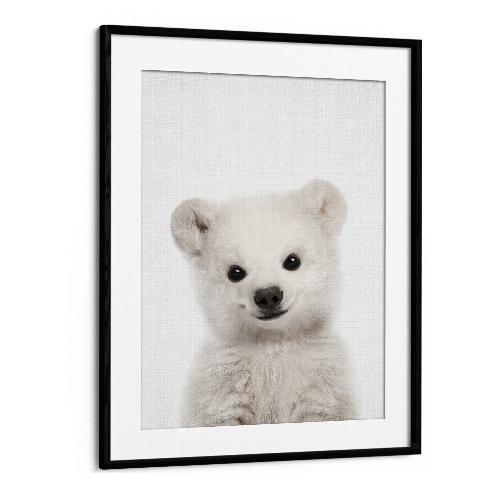 Peekaboo Baby Polar Bear By Lola Peacock Kids Room Paintings in Black Frame With Mount