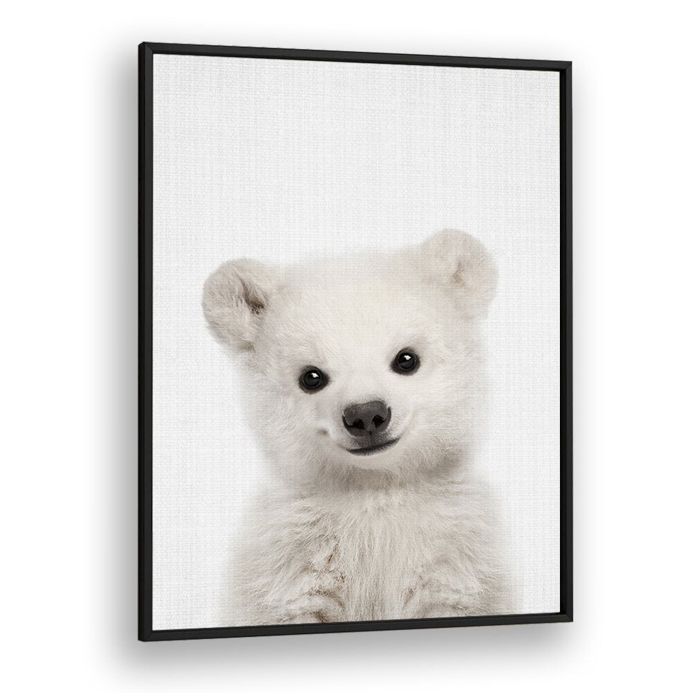 Peekaboo Baby Polar Bear By Lola Peacock Kids Room Paintings in Black Plain Frame