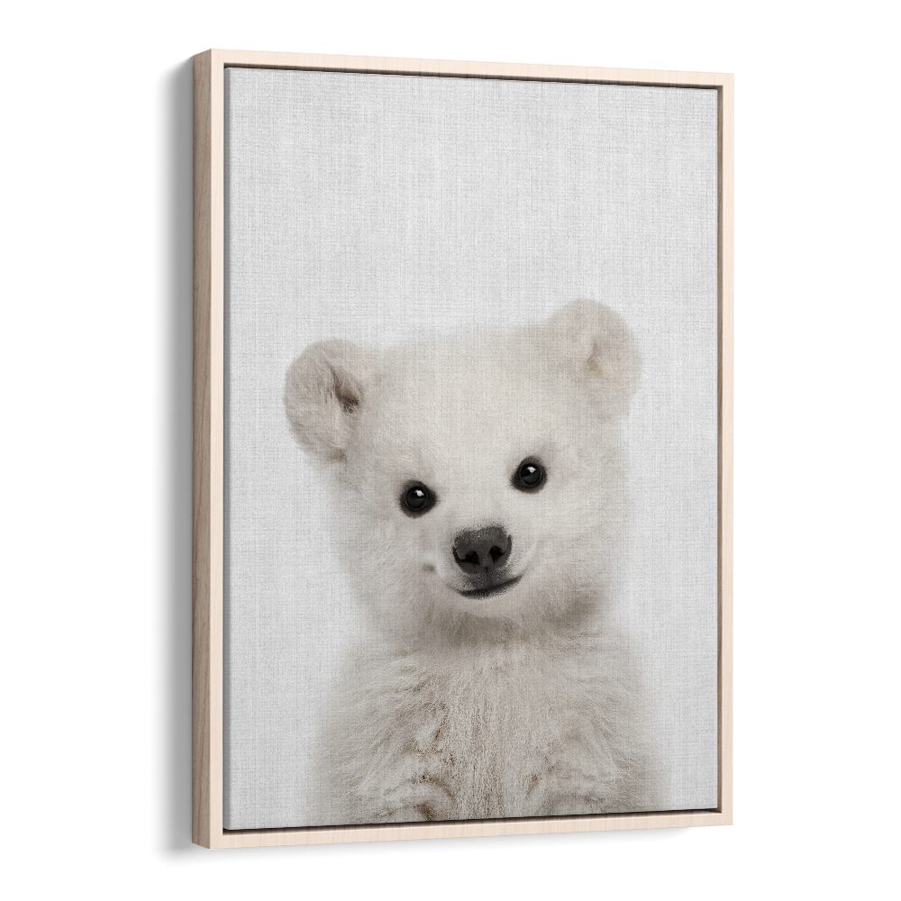 Peekaboo Baby Polar Bear By Lola Peacock Kids Room Paintings in Oak Wood Floater Frame