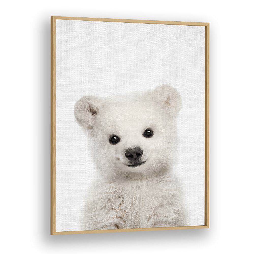 Peekaboo Baby Polar Bear By Lola Peacock Kids Room Paintings in Oak Wood Plain Frame