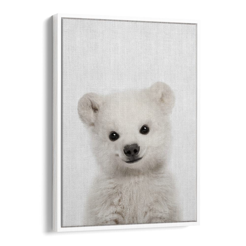 Peekaboo Baby Polar Bear By Lola Peacock Kids Room Paintings in White Floater Frame