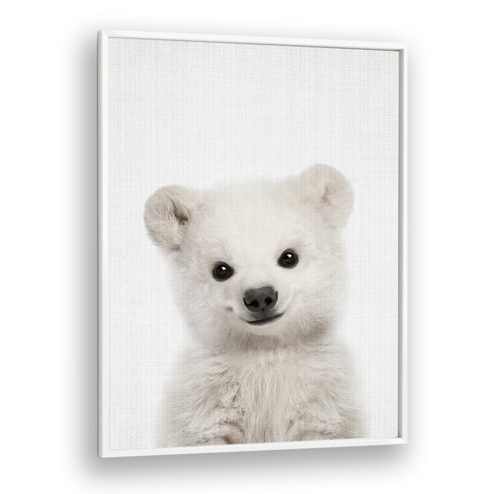 Peekaboo Baby Polar Bear By Lola Peacock Kids Room Paintings in White Plain Frame