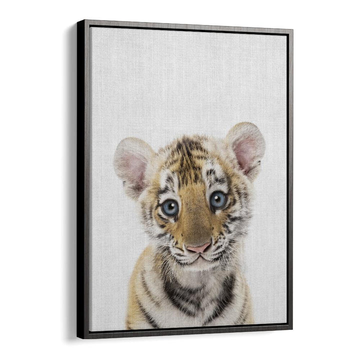 Peekaboo Baby Tiger By Lola Peacock Kids Room Paintings in Black Floater Frame