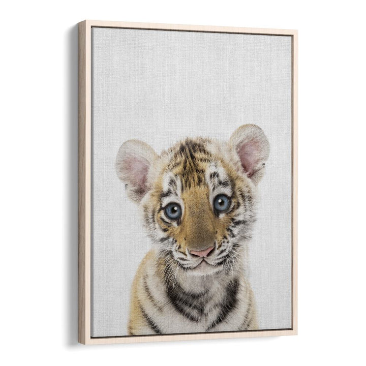 Peekaboo Baby Tiger By Lola Peacock Kids Room Paintings in Oak Wood Floater Frame