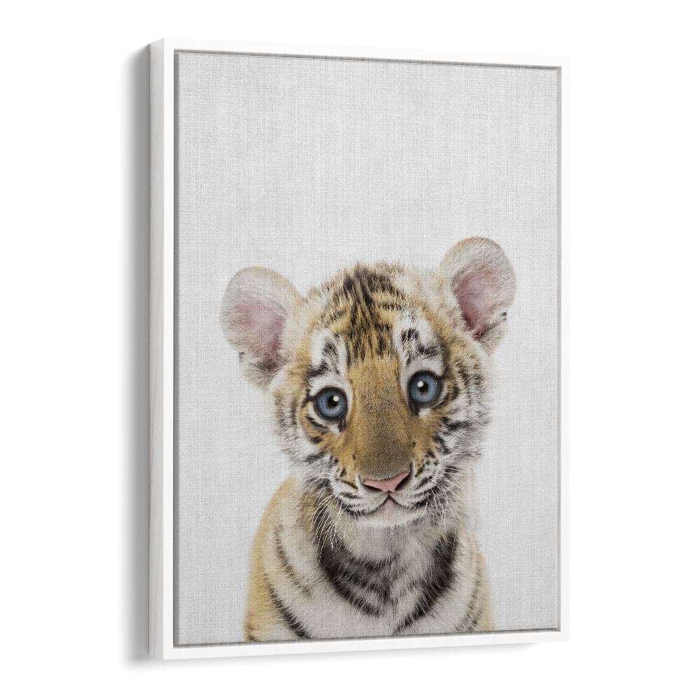 Peekaboo Baby Tiger By Lola Peacock Kids Room Paintings in White Floater Frame