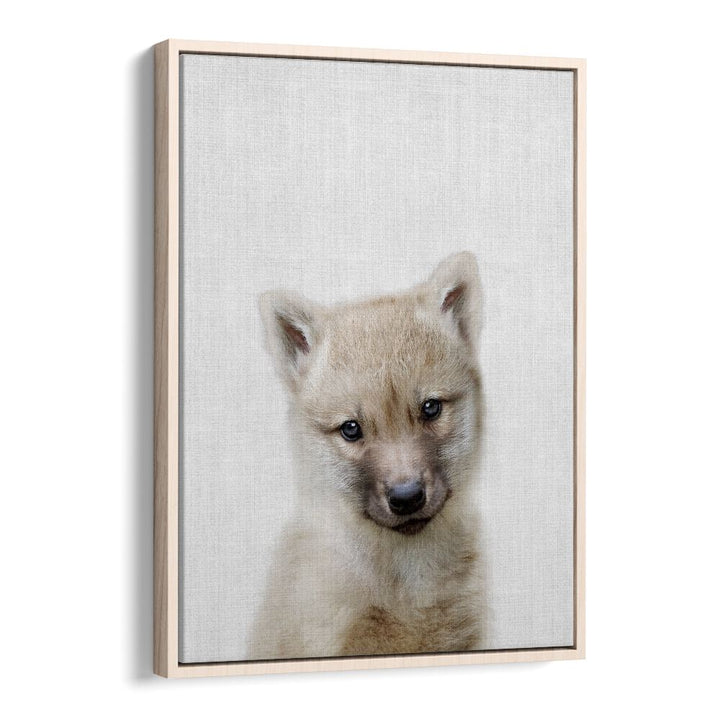 Peekaboo Baby Wolf By Lola Peacock Kids Room Paintings in Oak Wood Floater Frame