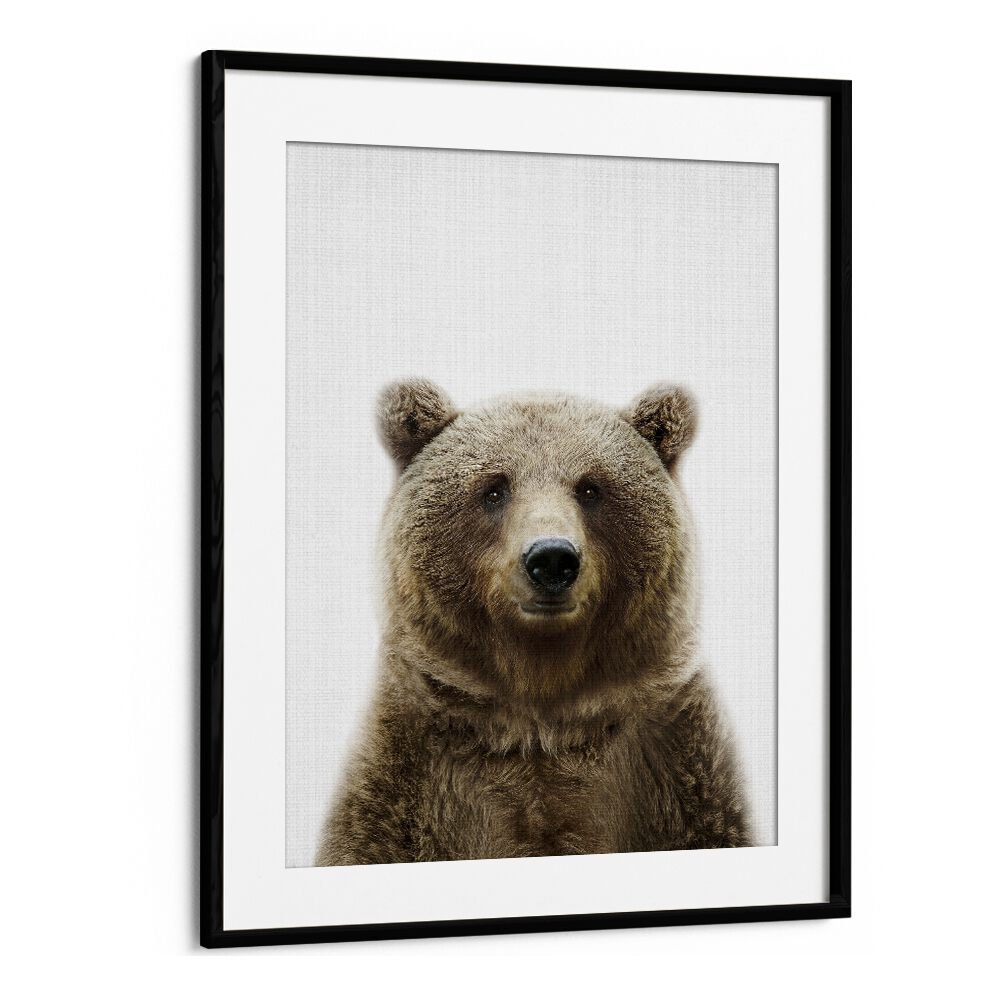 Peekaboo Bear By Lola Peacock Kids Room Paintings in Black Frame With Mount