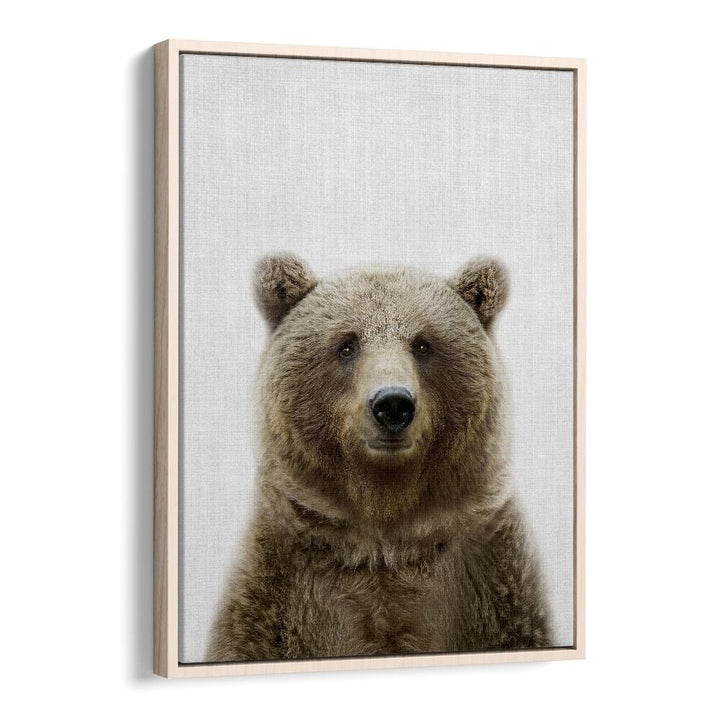 Peekaboo Bear By Lola Peacock Kids Room Paintings in Oak Wood Floater Frame