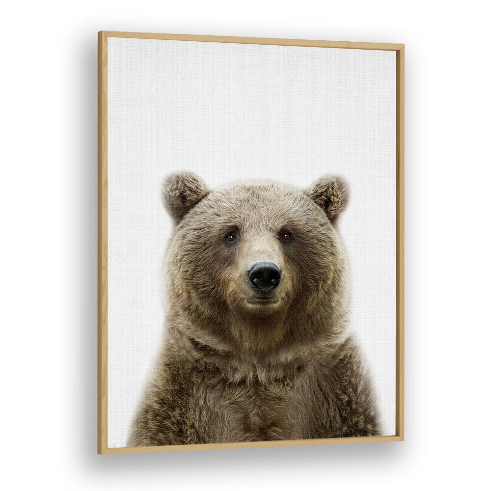 Peekaboo Bear By Lola Peacock Kids Room Paintings in Oak Wood Plain Frame