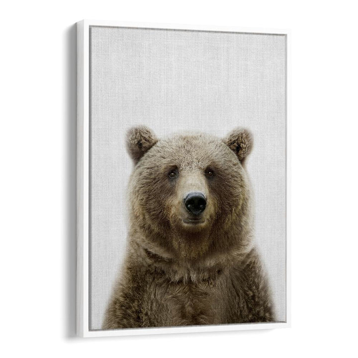 Peekaboo Bear By Lola Peacock Kids Room Paintings in White Floater Frame