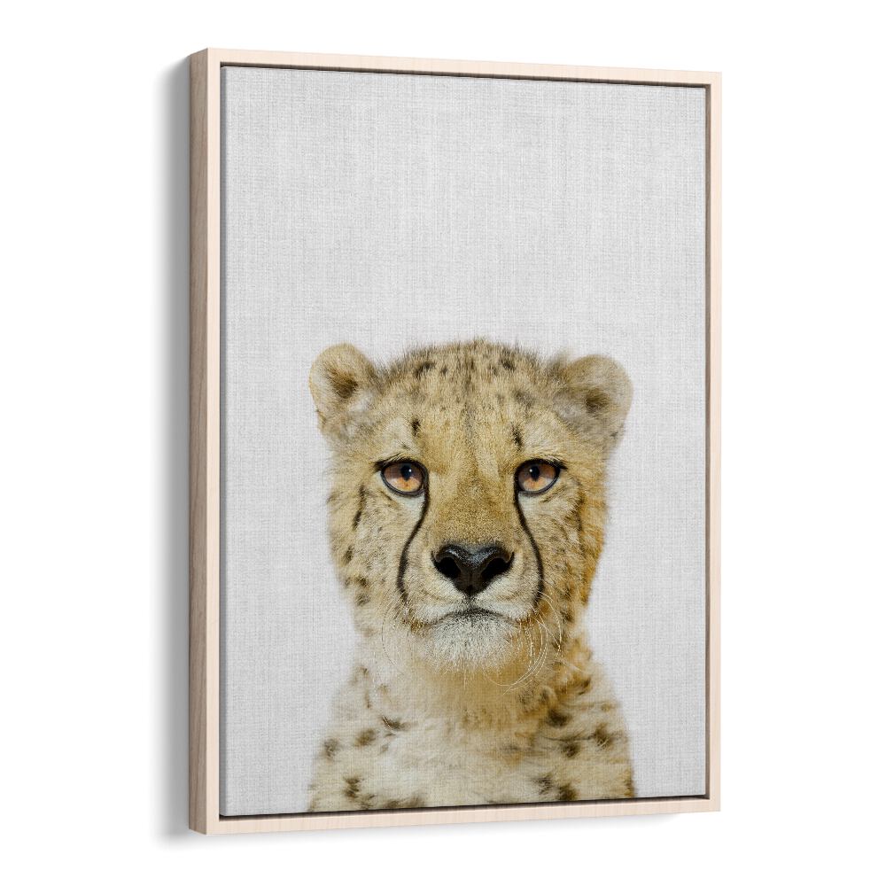 Peekaboo Cheetah By Lola Peacock Kids Room Paintings in Oak Wood Floater Frame